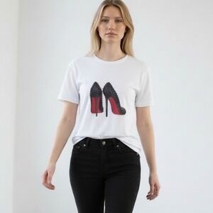 White T Shirt Graphic Print Black Stiletto Red Bottom Heels Shoes Women's Size M